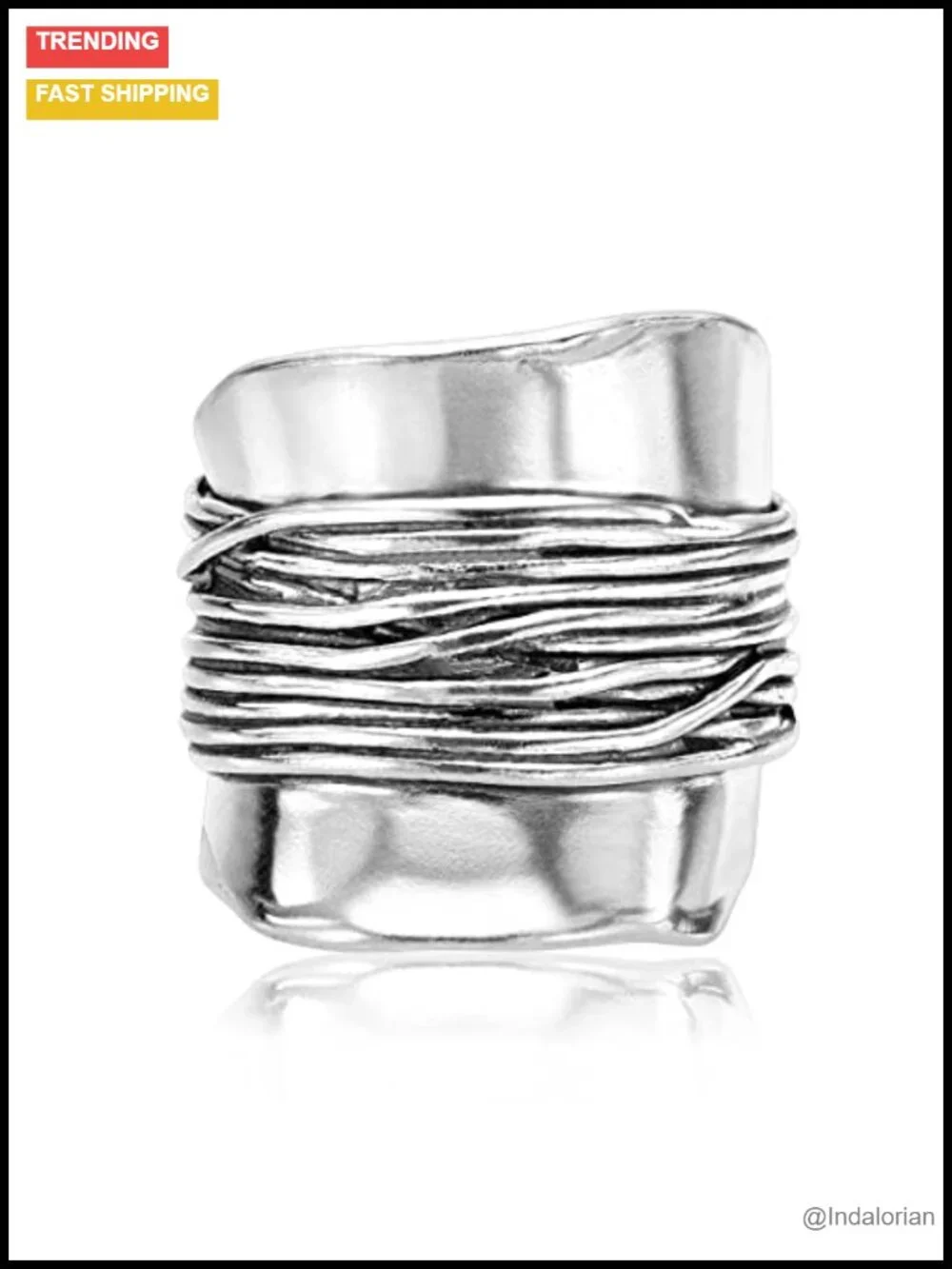 925 Sterling Silver Wide Shield Ring Wire Wrap Vintage Statement Ring